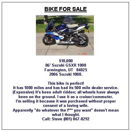 Motorbike Ad - Buying without Wife's Permission